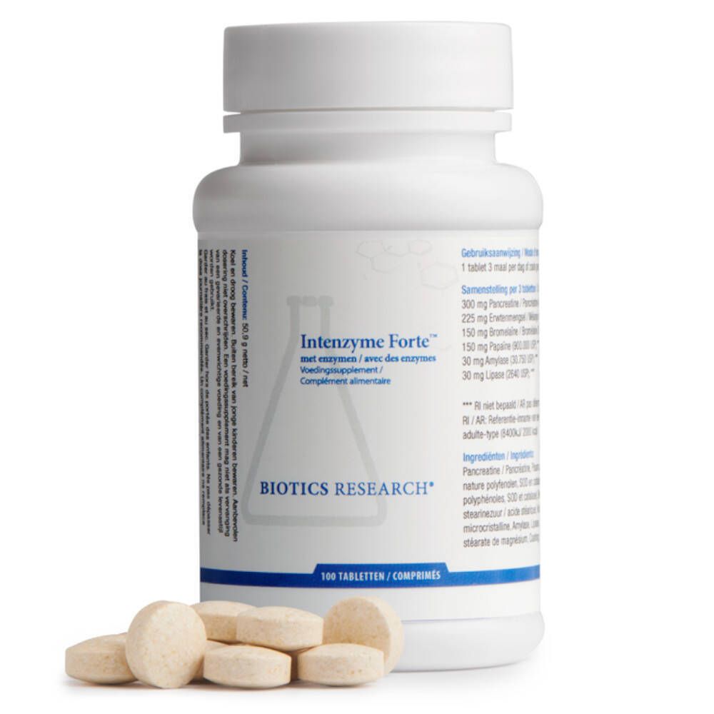 Witte fles met tabletten en tabletten ernaast. Opschrift: Intenzyme Forte, Biotics Research. 100 tabletten.