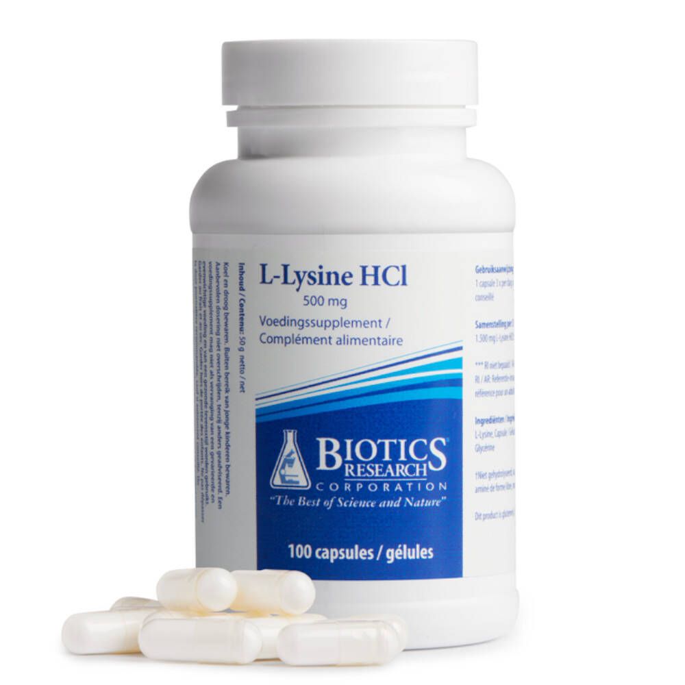 Gélules blanches et flacon blanc. Inscription: L-Lysine HCL 500 mg, 100 gélules. Marque: BIOTICS RESEARCH.