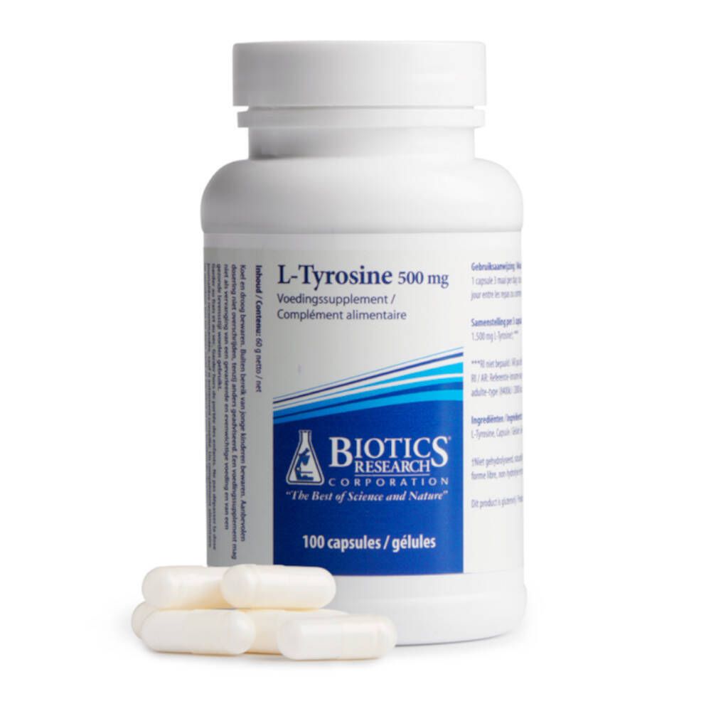 Flacon blanc de gélules L-Tyrosine 500 mg et quelques gélules. Inscription: Biotics Research, 100 gélules.