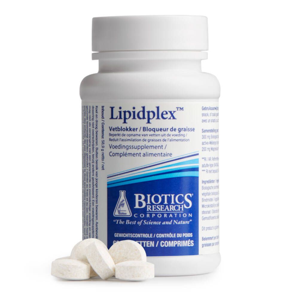 Witte fles met Lipidplex-tabletten en tabletten ernaast. Opschrift: Biotics Research. 60 tabletten. Tekst in het Duits, Nederlands en Frans.