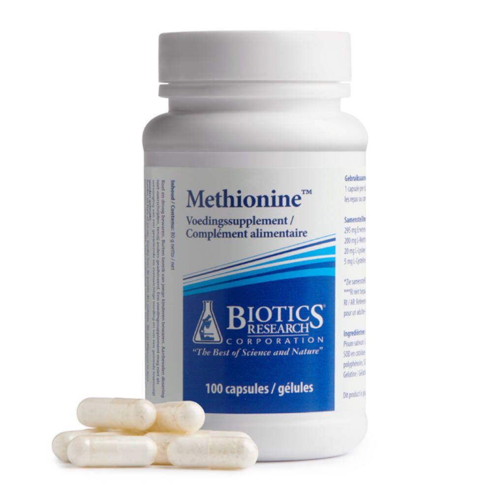 Flacon de comprimés blanc avec étiquette et gélules à côté. Inscription : Methionine, complément alimentaire. Marque : BIOTICS RESEARCH CORPORATION.