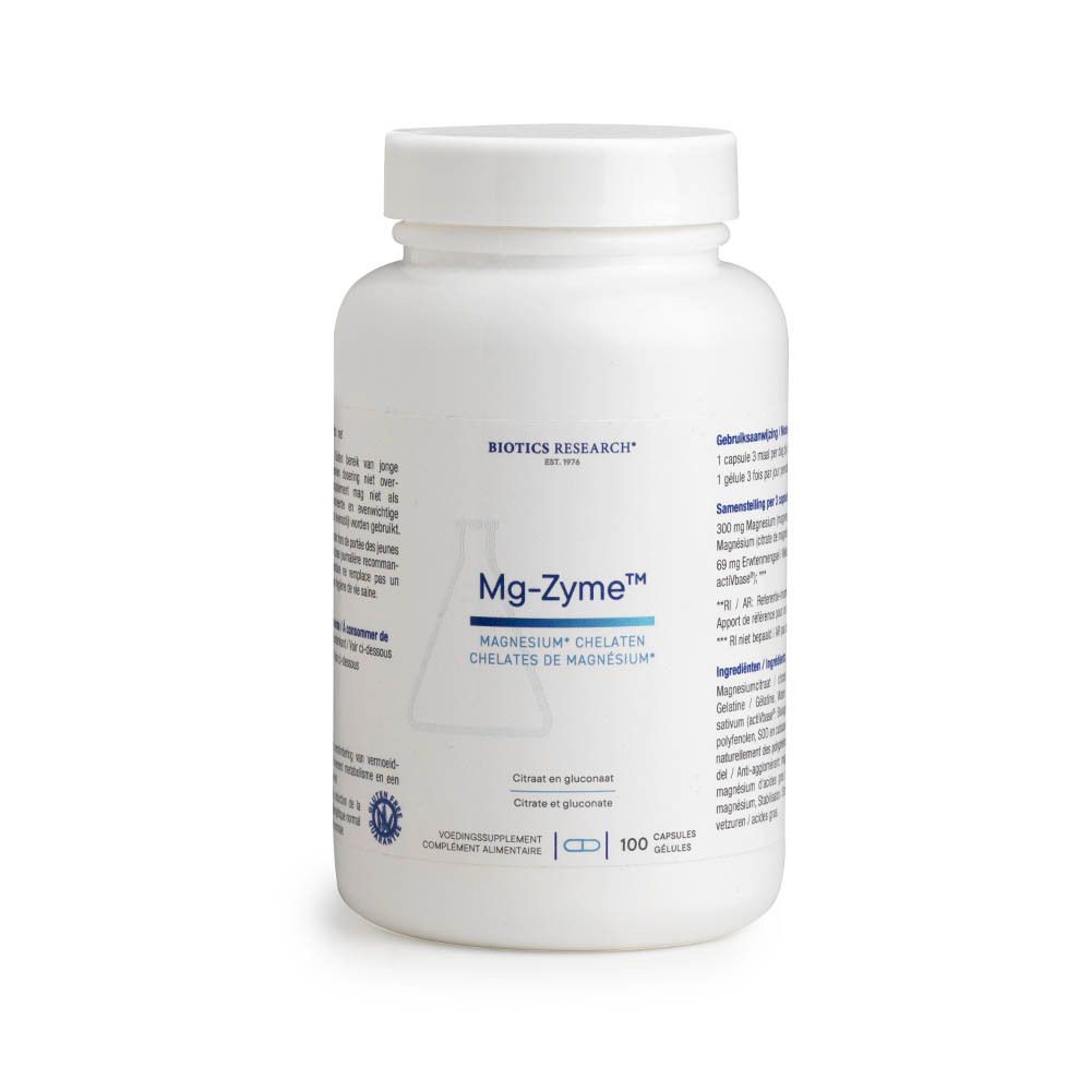 Weiße Flasche mit Kapseln. Aufschrift Mg-Zyme, Magnesiumchelat. 100 Kapseln. BIOTICS RESEARCH.