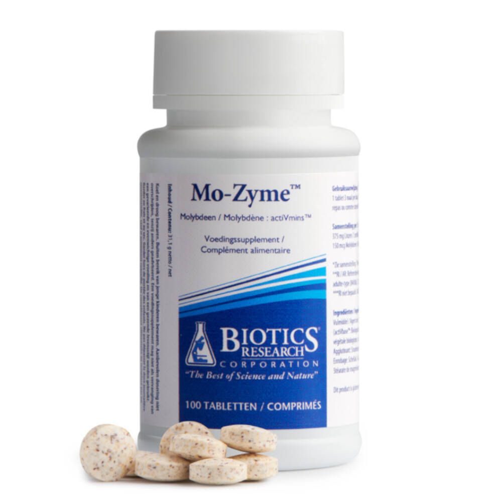 Flacon blanc avec comprimés et comprimés à côté. Inscription: Mo-Zyme, Complément alimentaire, 100 comprimés. Logo: BIOTICS RESEARCH.