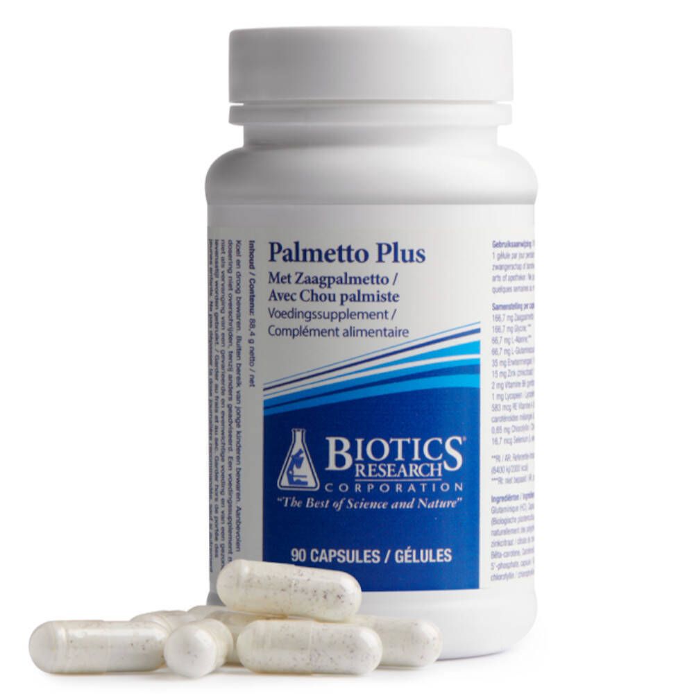 Flacon blanc avec capsules et capsules éparpillées. Inscription: Palmetto Plus, 90 capsules.