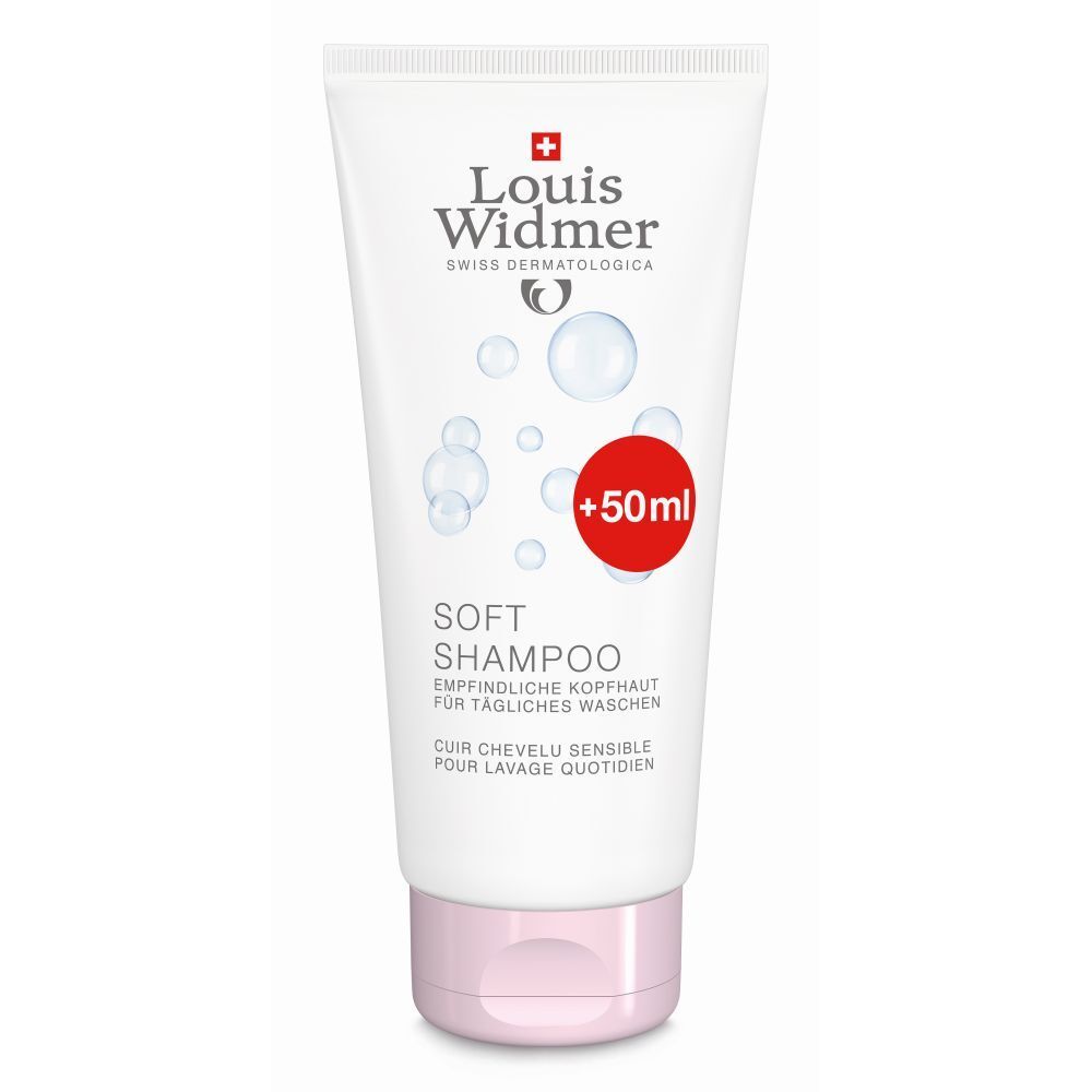 Witte shampoo tube met roze dop. Rode sticker met +50ml. Tekst: Louis Widmer, Soft Shampoo.