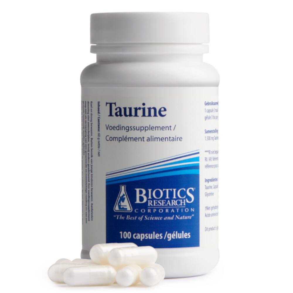 Flacon blanc de gélules et gélules en vrac. Inscription : Taurine, complément alimentaire. Marque : Biotics Research.