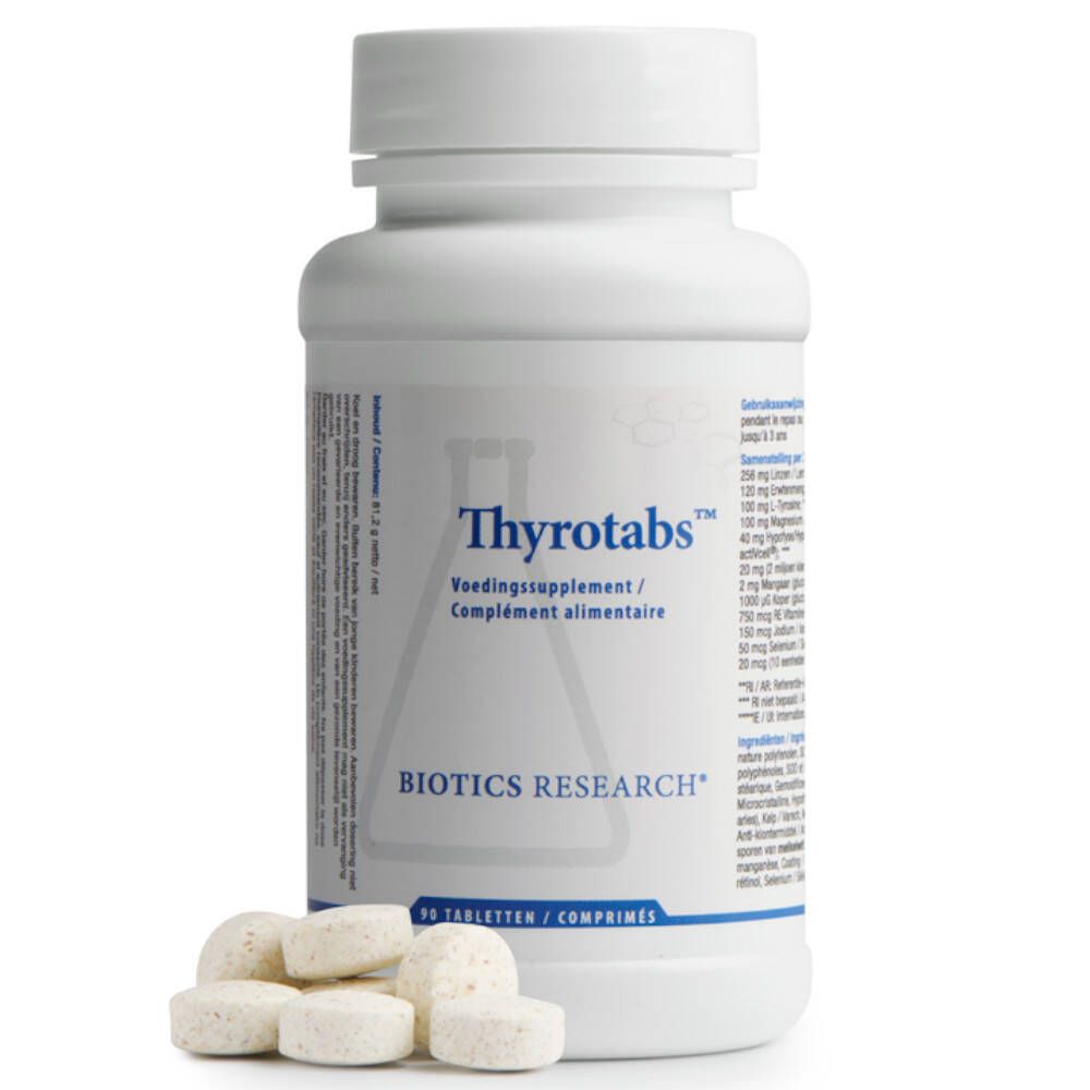 Weiße Flasche Thyrotabs™ mit Tabletten daneben. Aufschrift: BIOTICS RESEARCH®. 90 Tabletten. Ergänzungsmittel.
