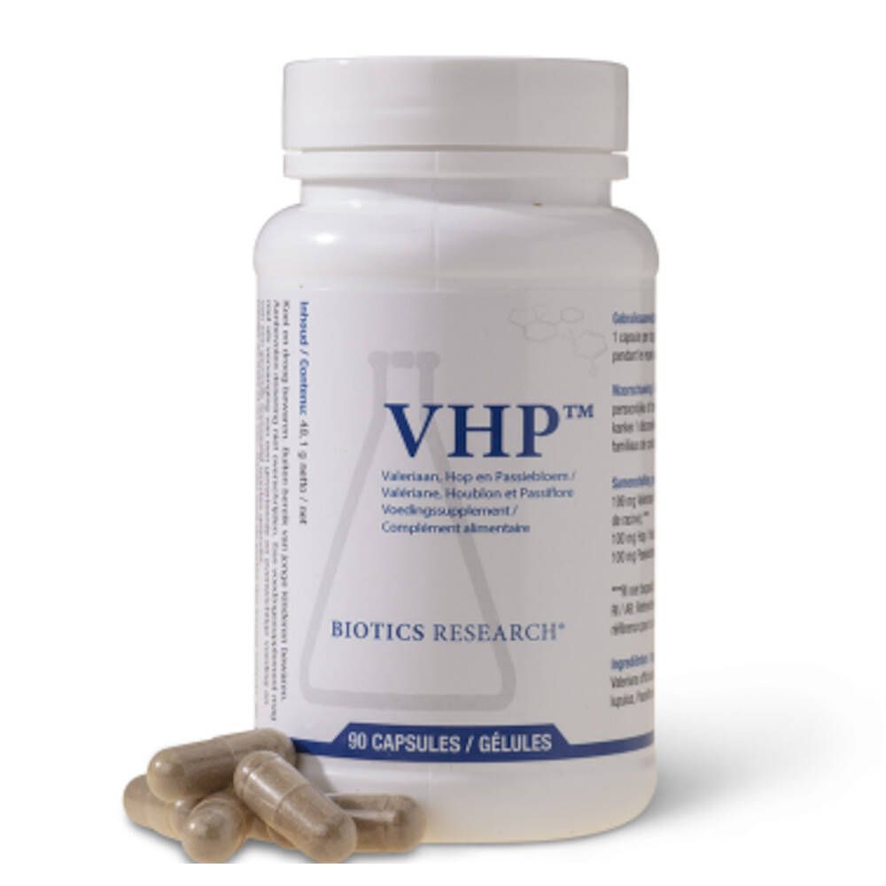 Witte fles met VHP capsules en losse capsules ernaast. Opschrift: Biotics Research, 90 capsules. Bevat valeriaan, hop.
