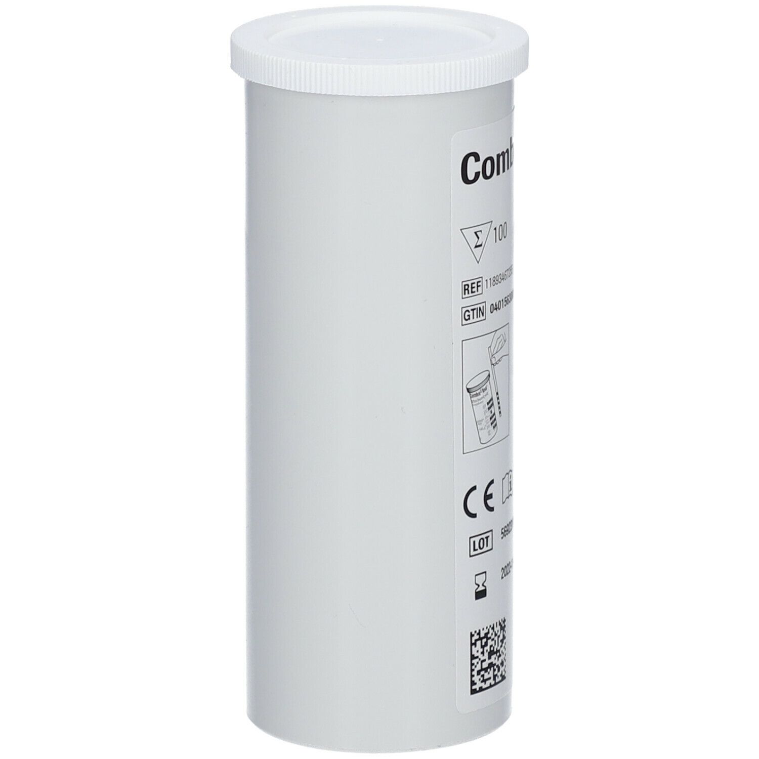 Emballage cylindrique blanc. Avec couvercle blanc. Étiquetage avec numéros de référence et date de péremption. Nom du produit partiellement visible.