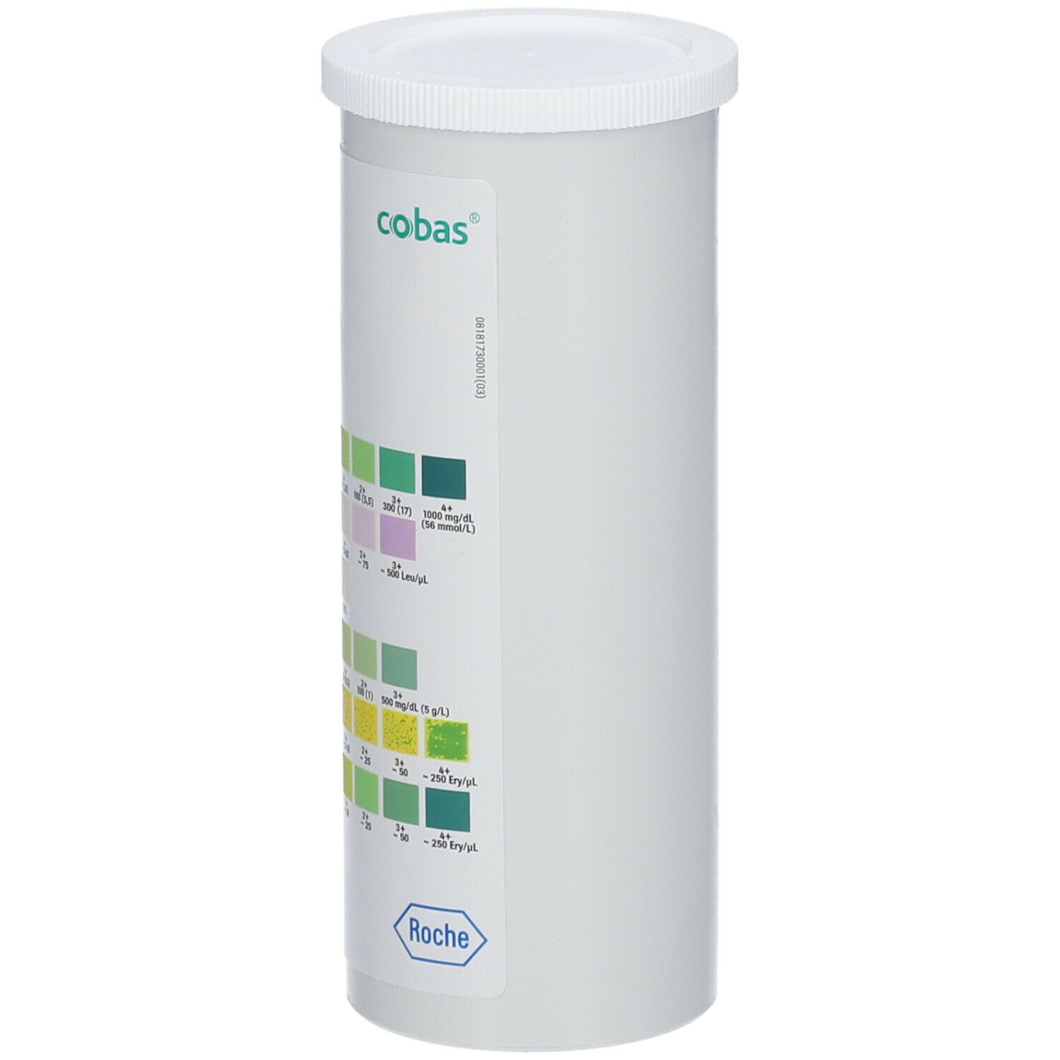 Emballage cylindrique blanc de cobas. Avec bandelettes de test colorées. Étiquetage avec nom du produit et logo Roche.