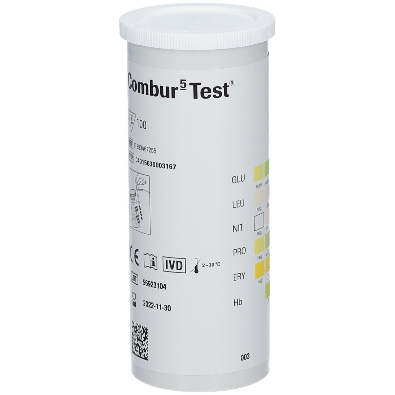 Emballage cylindrique blanc de Combur 5 Test. Avec couvercle blanc. Étiquetage avec nom du produit, numéros de référence et date de péremption.
