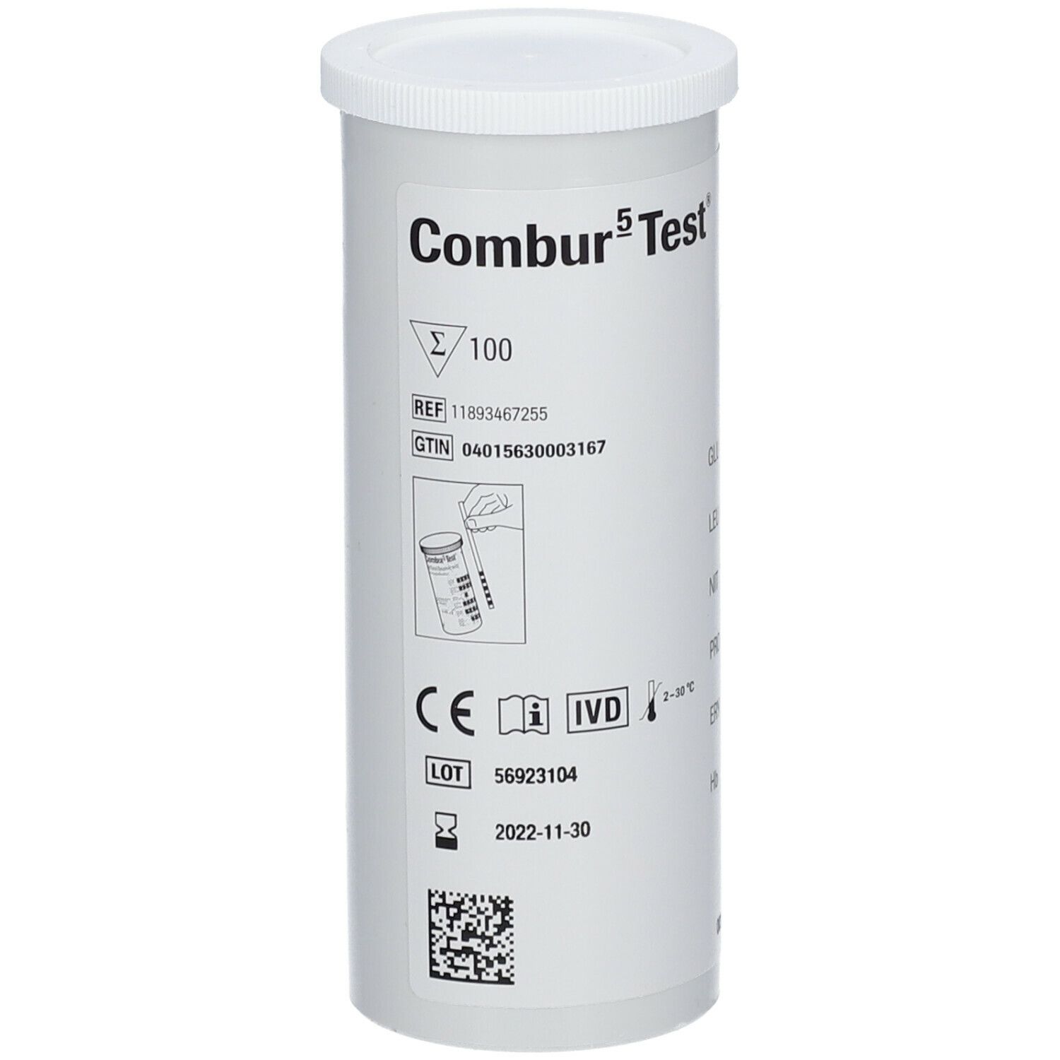 Emballage cylindrique blanc de Combur 5 Test. Avec couvercle blanc. Étiquetage avec nom du produit, numéros de référence et date de péremption.