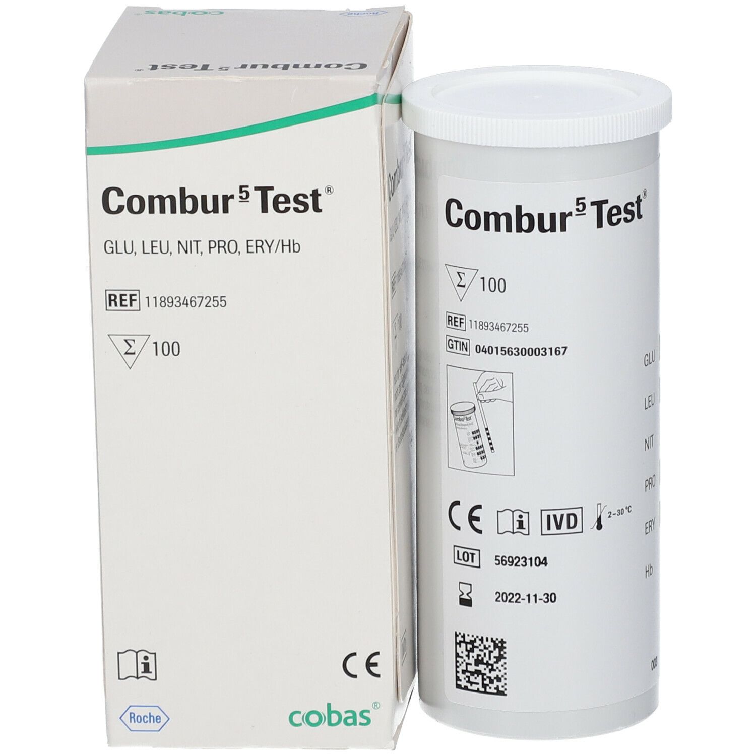Emballage de Combur 5 Test. Boîte blanche et emballage cylindrique. Étiquetage avec nom du produit, numéros de référence et date de péremption.