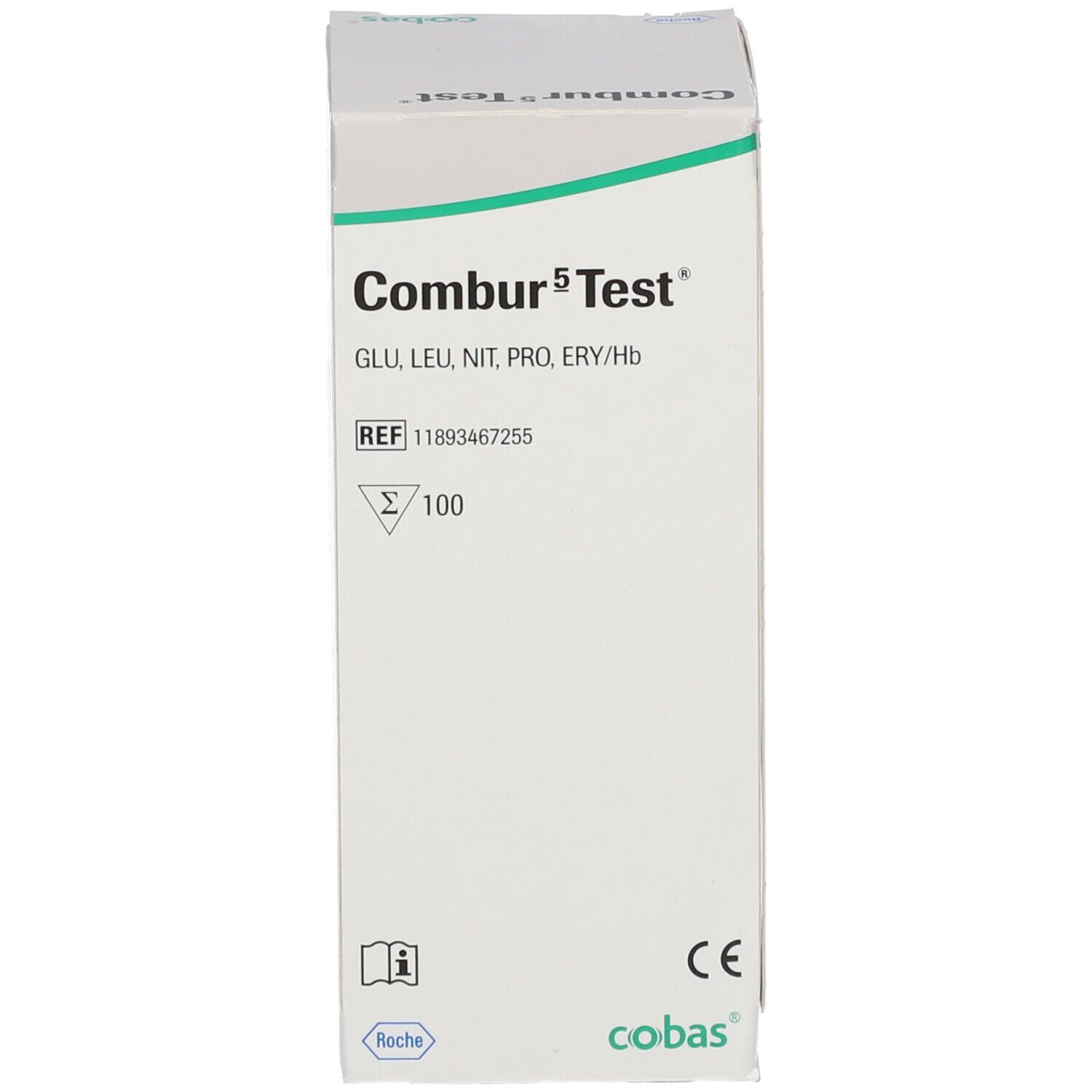 Boîte blanche de Combur 5 Test. Étiquetage avec nom du produit, ingrédients et numéros de référence. Logo Roche.