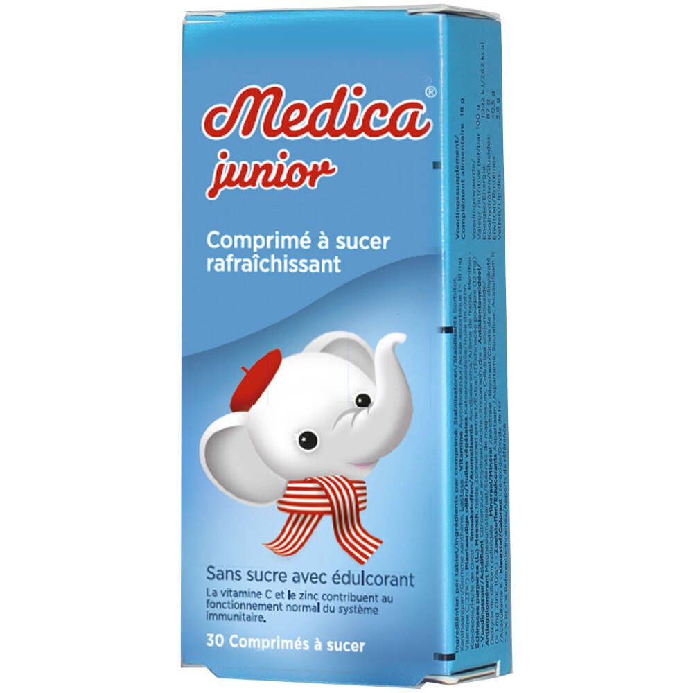 Boîte bleue avec logo Medica junior. Illustration d'un éléphant avec béret et écharpe rouges. Texte: Comprimé à sucer rafraîchissant.
