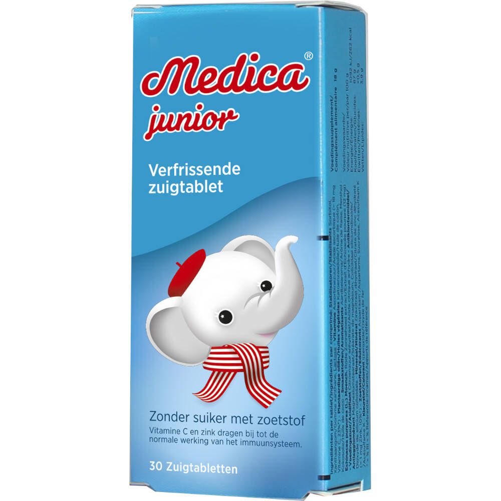 Boîte bleue avec logo Medica junior. Illustration d'un éléphant avec béret et écharpe rouges. Texte: Verfrissende zuigtablet.