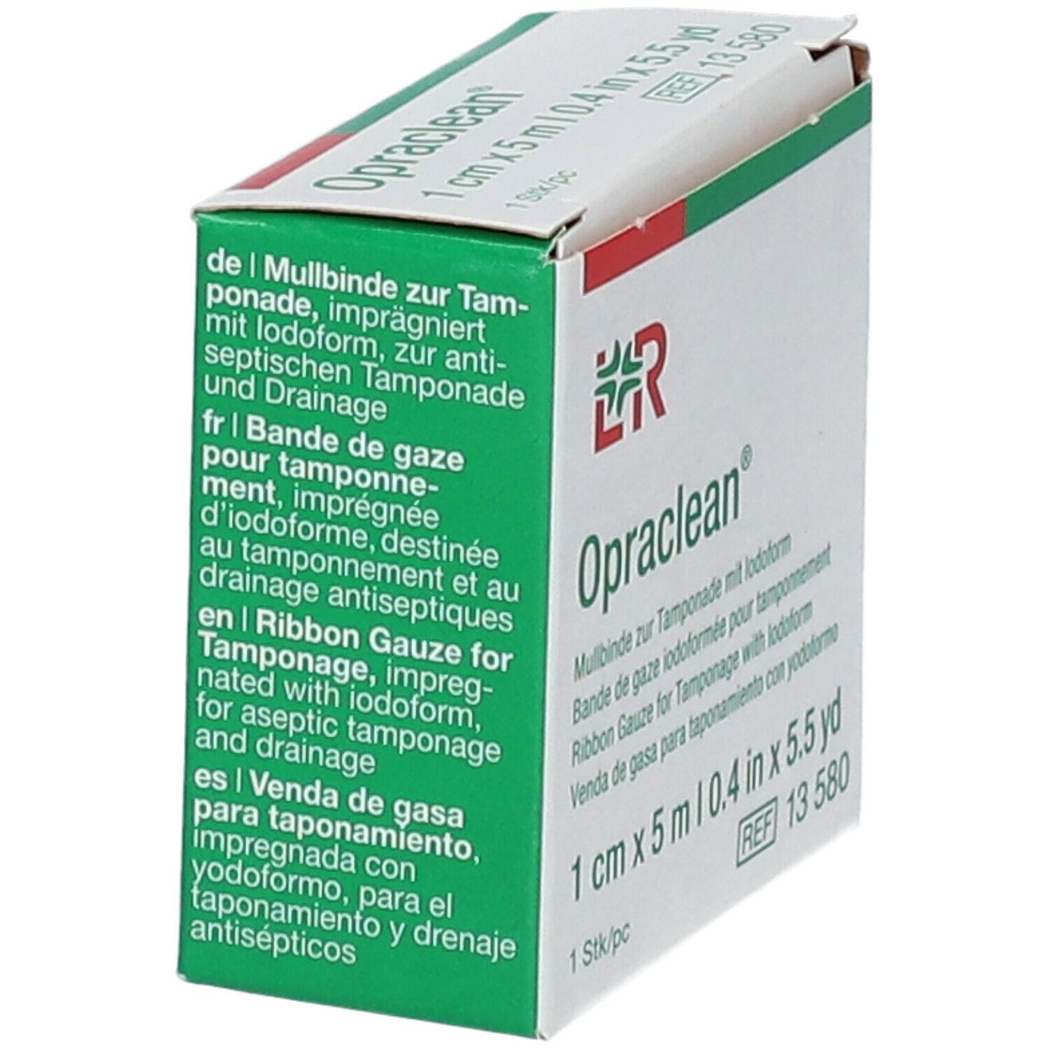 Opraclean® verpakking. Zijaanzicht. Tekst in meerdere talen. Groen-witte doos. Productinformatie.