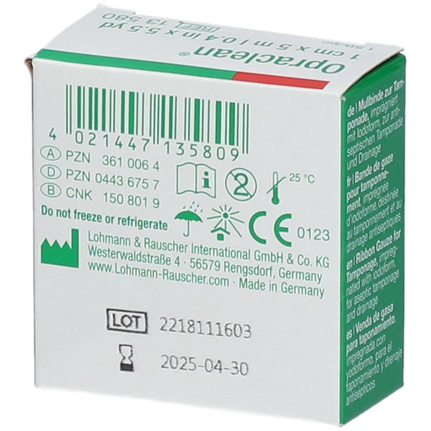 Opraclean® verpakking. Achterkant. Barcode, certificeringen, fabrikantenadres. Groen-witte doos. REF 13 580.