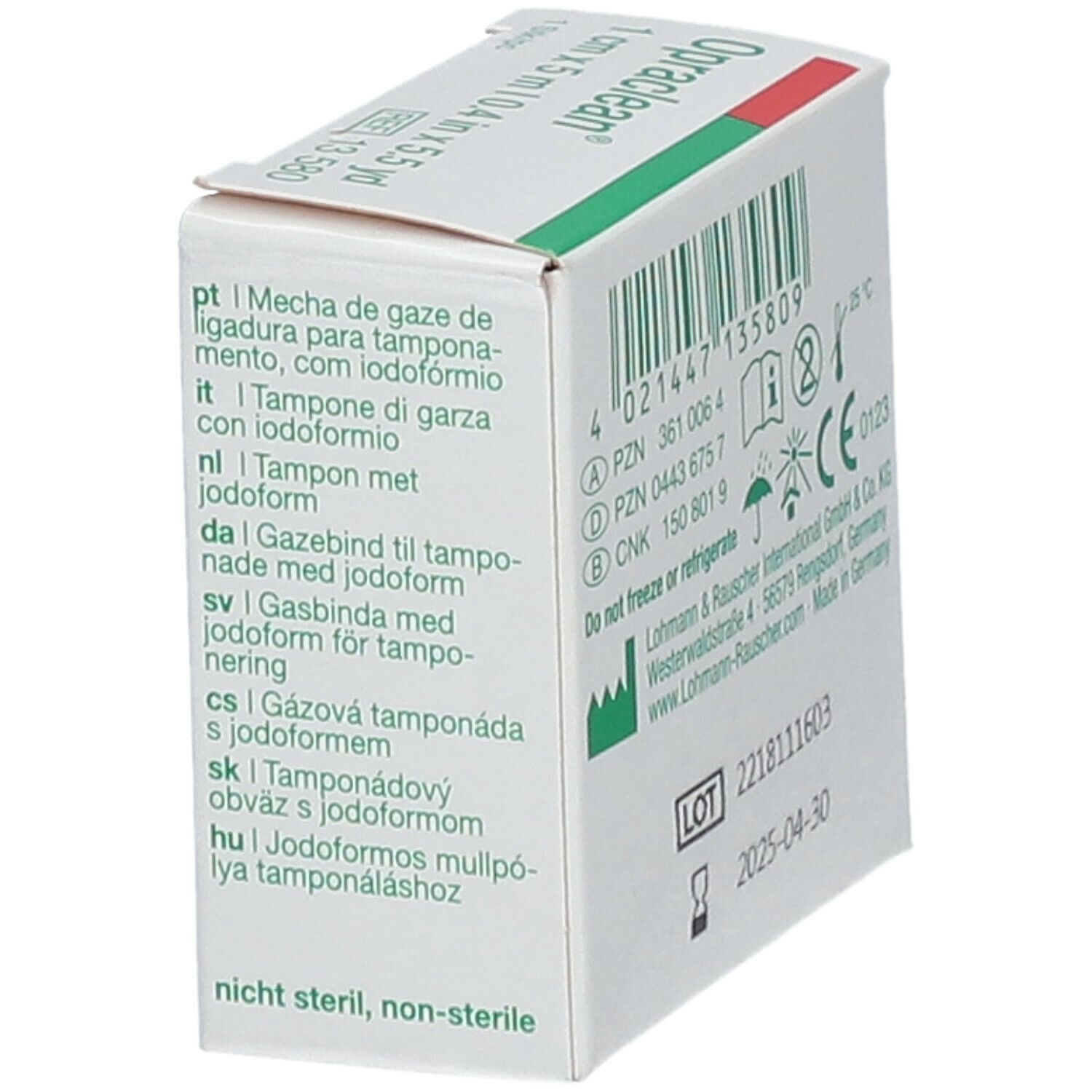 Opraclean® verpakking. Zijaanzicht met tekst in meerdere talen. Groen-witte doos. REF 13 580.