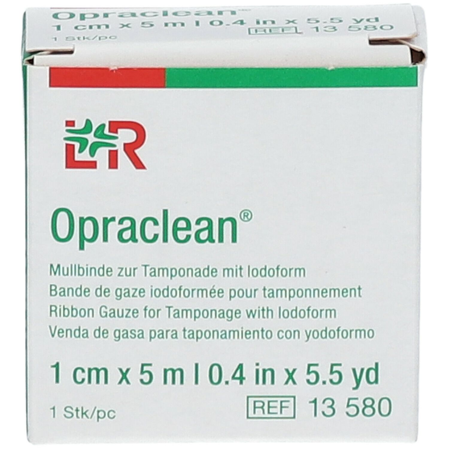 Opraclean® verpakking. 1 cm x 5 m gaas met jodoform. Groen-witte doos. Productinformatie en logo.