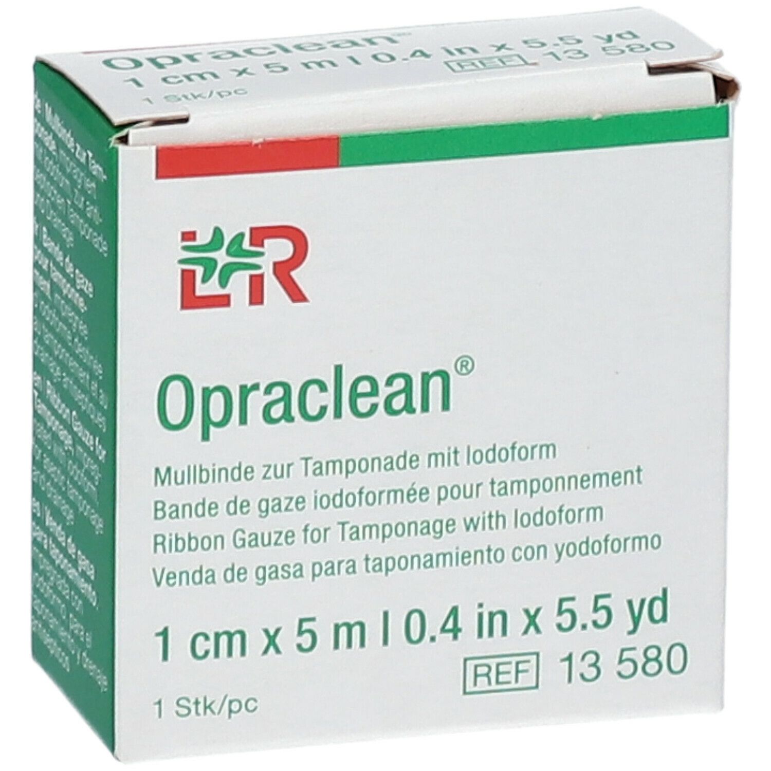 Opraclean® verpakking. 1 cm x 5 m gaas met jodoform. Groen-witte doos. Productinformatie en logo.