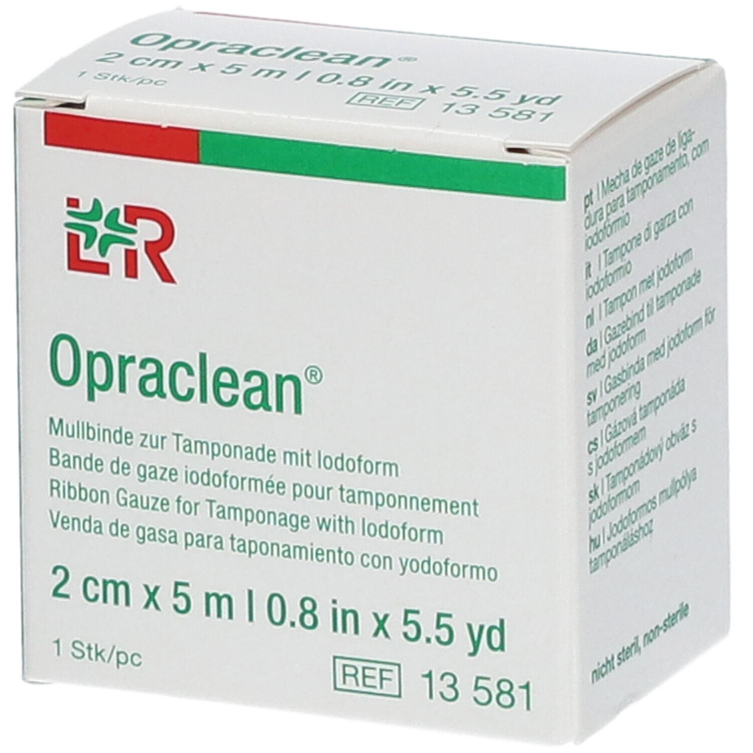 Boîte Opraclean® de gaze pour tamponnement. 2 cm x 5 m. Design vert et rouge. Texte: Bande de gaze iodoformée. REF 13 581.