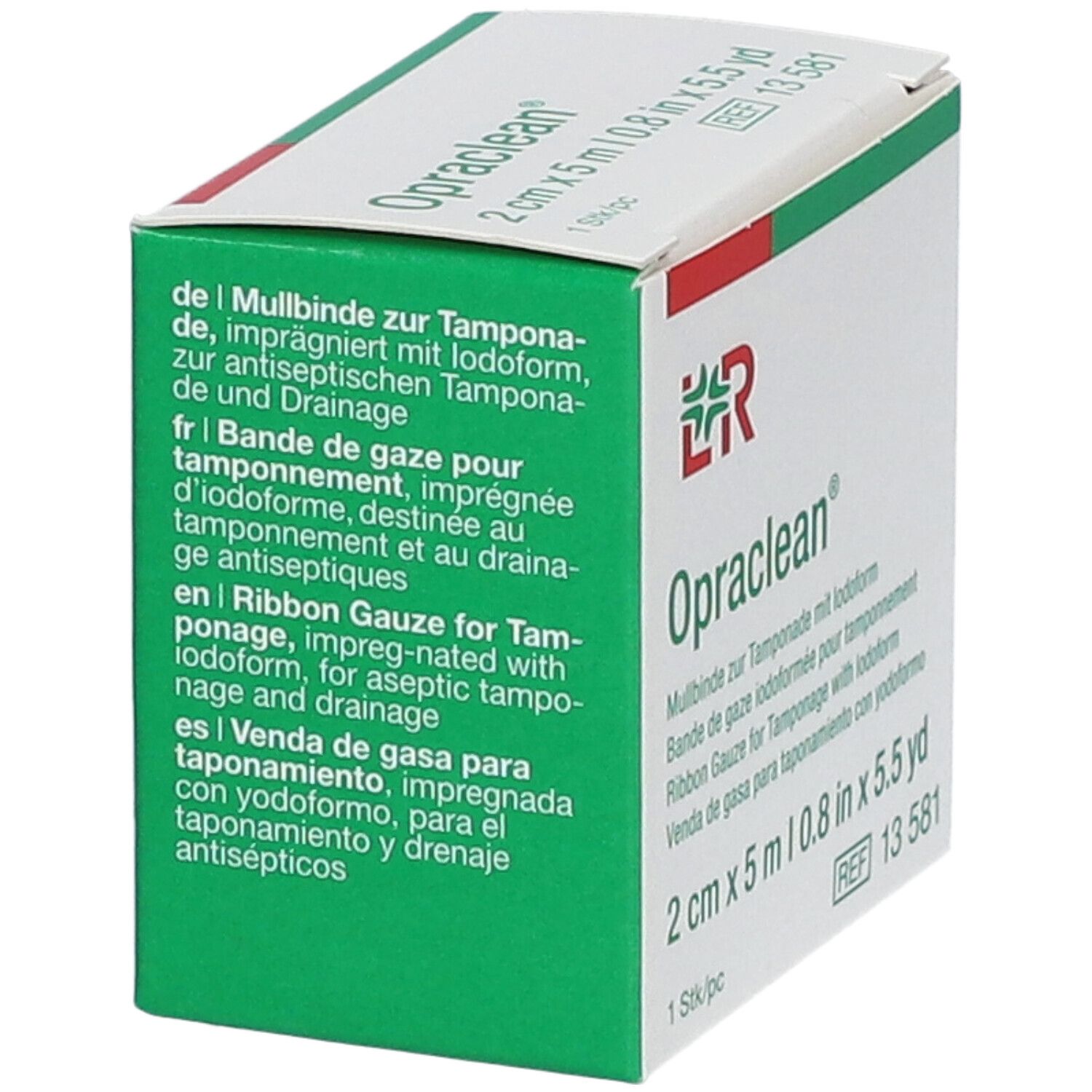 Vue de la boîte Opraclean®. Texte: Bande de gaze pour tamponnement, imprégnée d'iodoforme. Design vert et rouge. 2 cm x 5 m. REF 13 581.