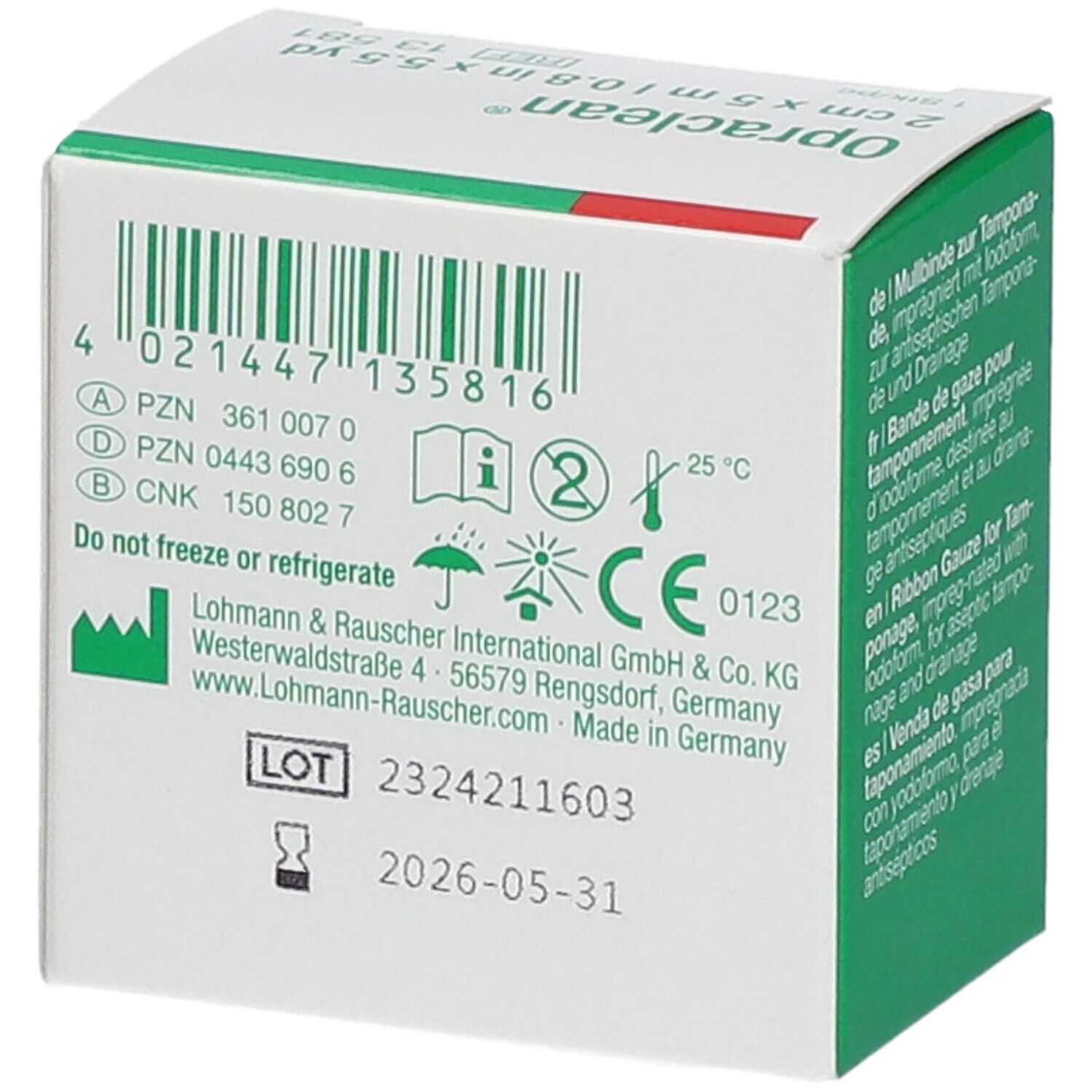 Dos de la boîte Opraclean®. Texte: Informations fabricant, numéro de lot, date de péremption, marquage CE, numéros PZN.
