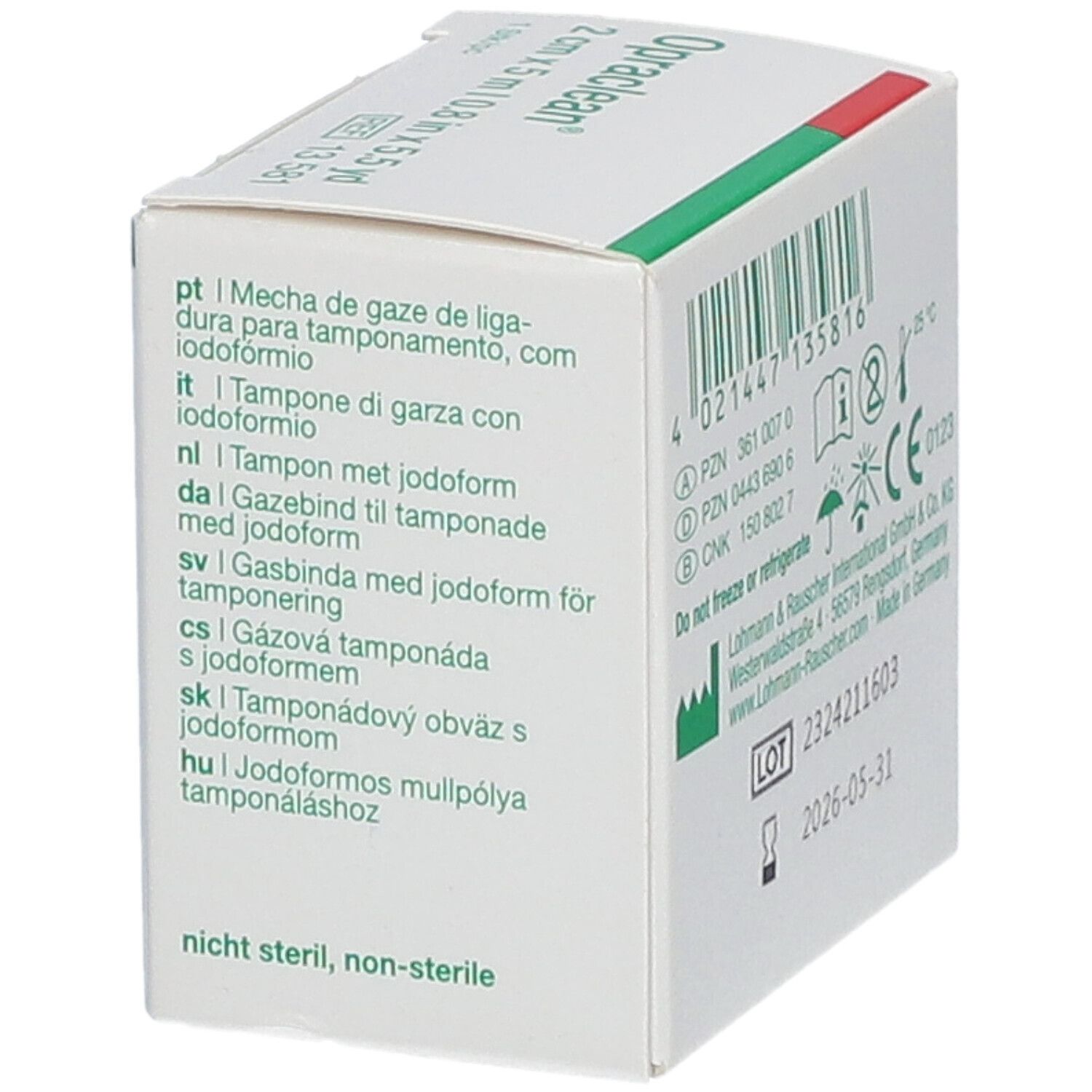 Vue de la boîte Opraclean®. Texte: Tamponnement avec iodoforme. Design vert et rouge. 2 cm x 5 m. REF 13 581. Non stérile.