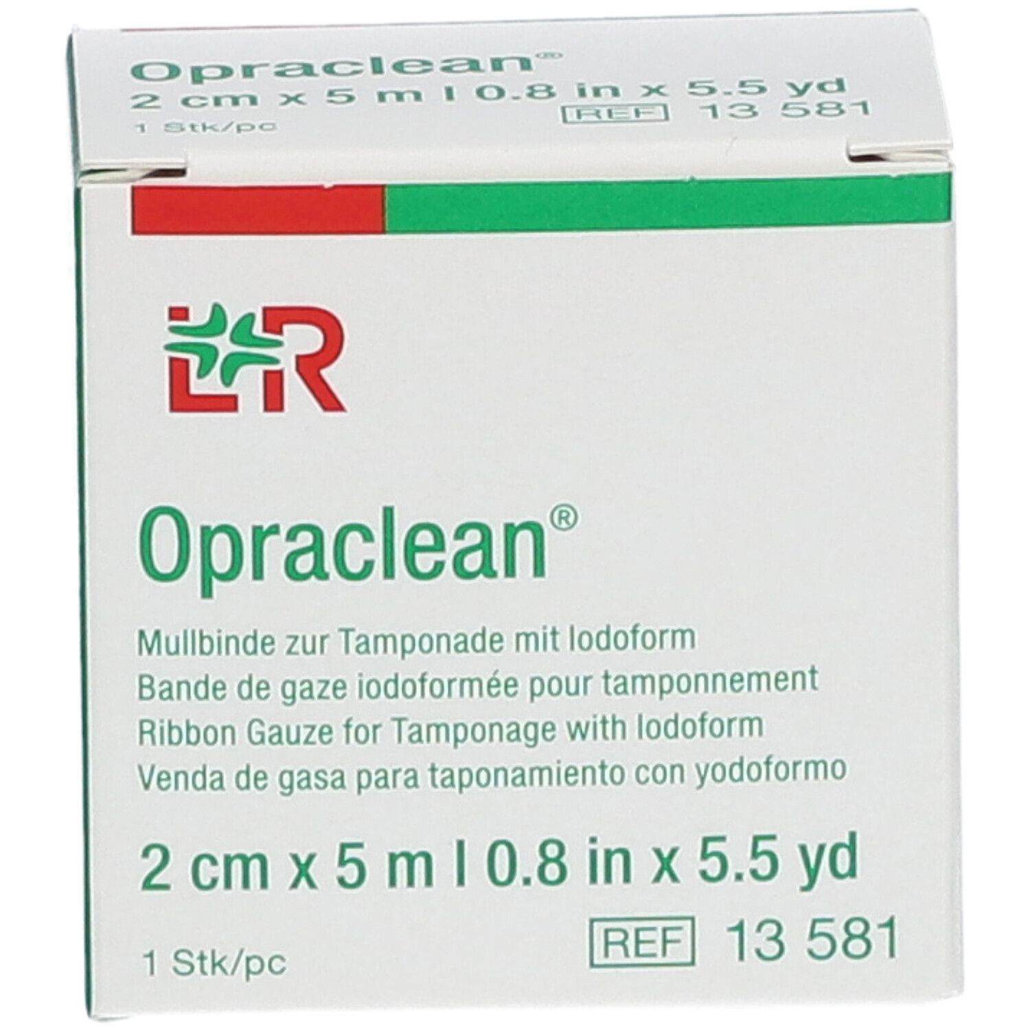 Boîte Opraclean®. 2 cm x 5 m. Design vert et rouge. Texte: Bande de gaze iodoformée. REF 13 581. 1 pc.