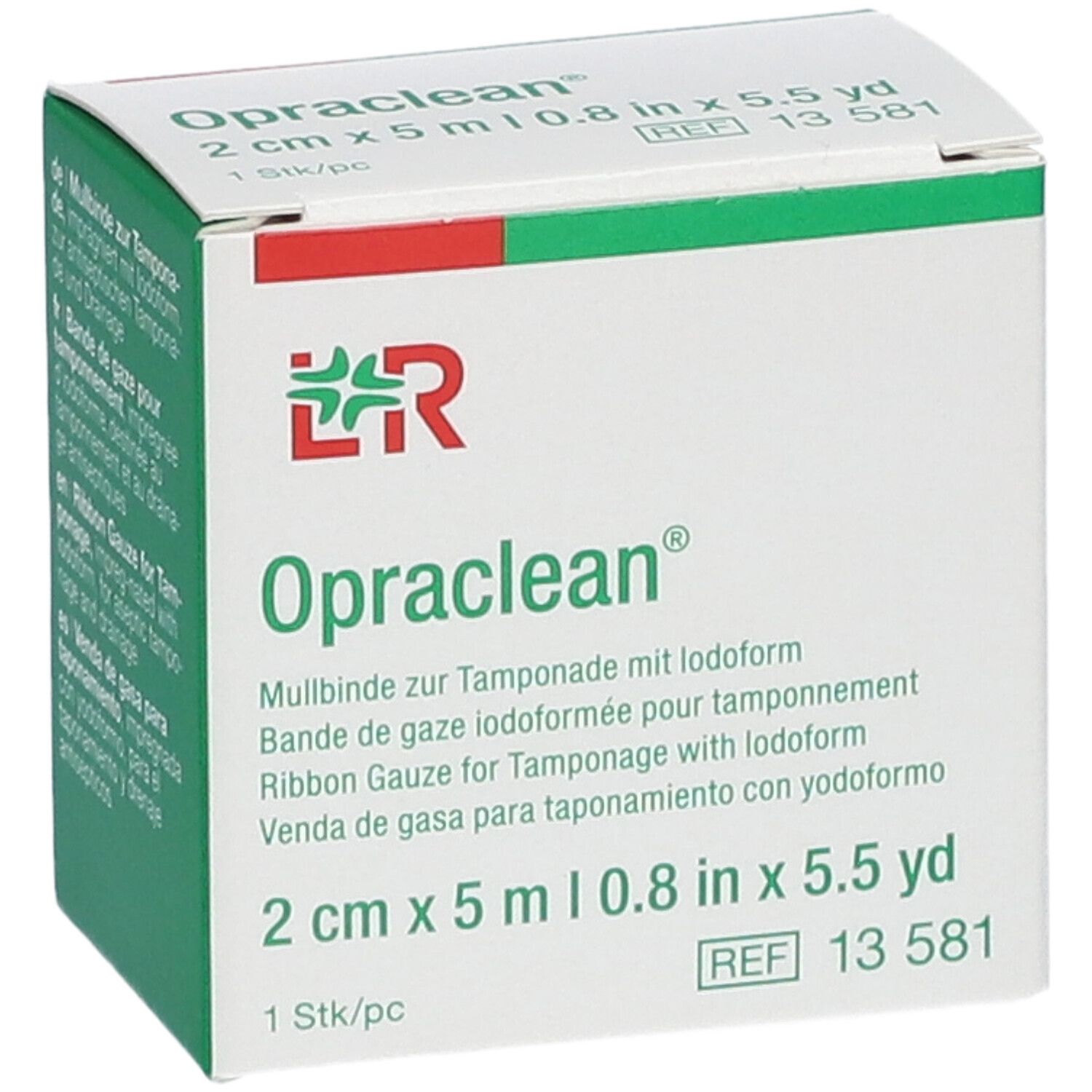Boîte Opraclean®. 2 cm x 5 m. Design vert et rouge. Texte: Bande de gaze iodoformée. REF 13 581. 1 pc.