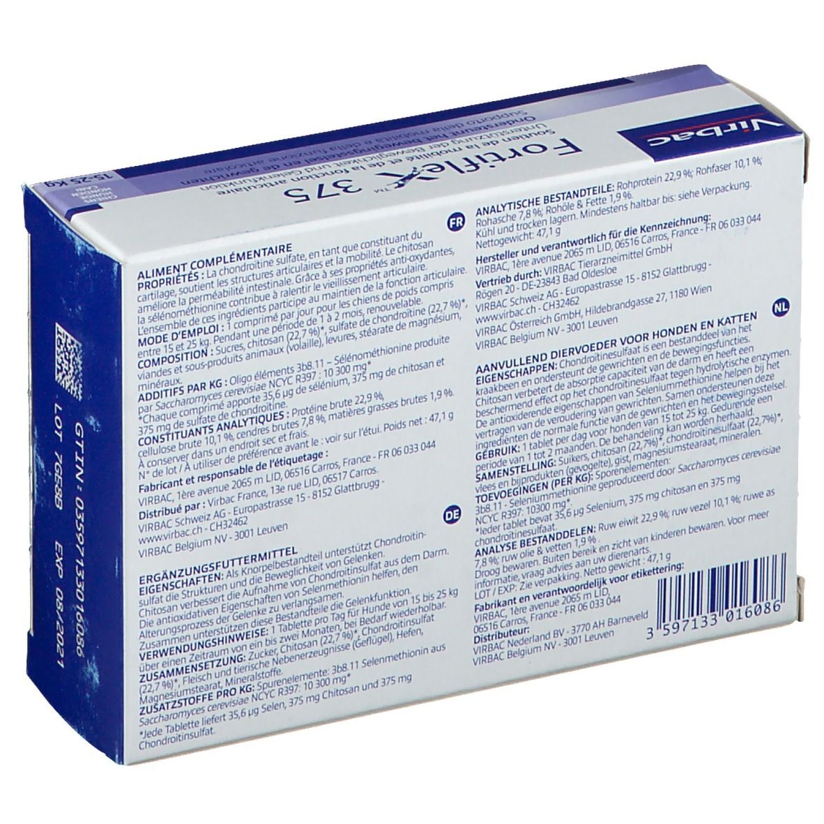 Dos de la boîte Fortiflex 375. Informations produit multilingues. Ingrédients et instructions d'utilisation.