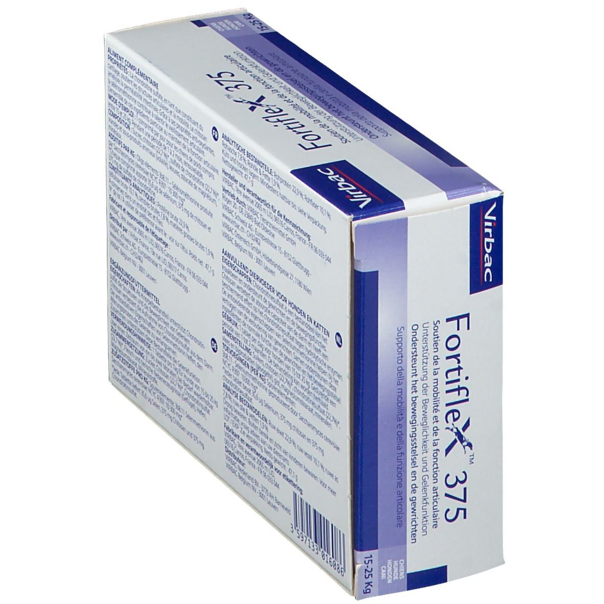 Vue en biais de la boîte Fortiflex 375. Logo Virbac, nom du produit, informations produit sur le côté.