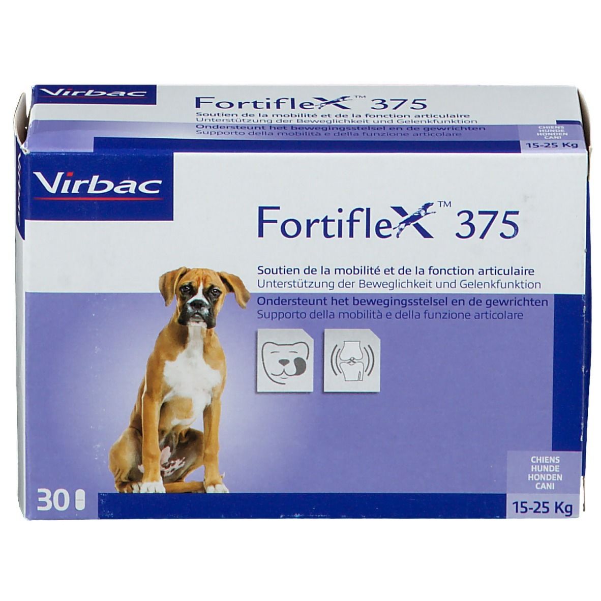 Boîte Fortiflex 375, logo Virbac, image de chien. 30 comprimés, 15-25 kg. Soutien de la mobilité et de la fonction articulaire.