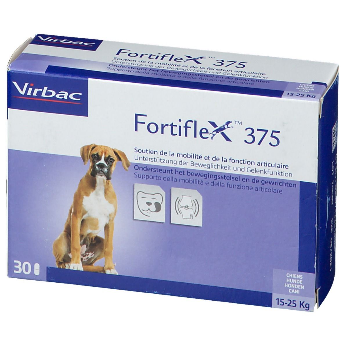 Boîte Fortiflex 375, logo Virbac, image de chien. 30 comprimés, 15-25 kg. Soutien de la mobilité et de la fonction articulaire.