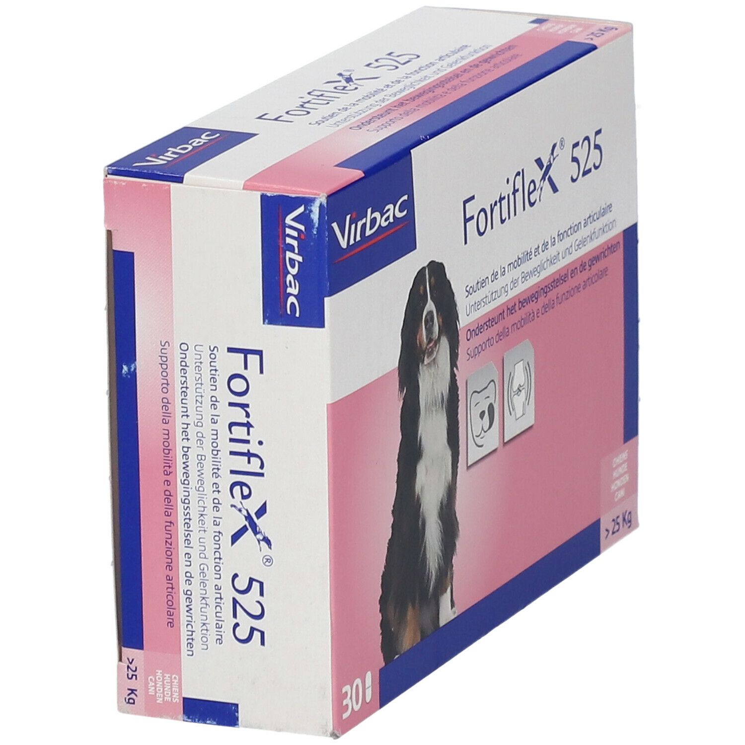 Schrägansicht der Virbac Fortiflex 525 Verpackung. Produktname und Logo deutlich sichtbar. Für Hunde > 25 kg.
