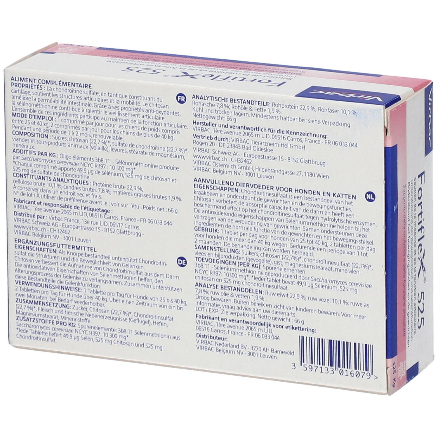 Rückseite der Virbac Fortiflex 525 Verpackung. Text in mehreren Sprachen. Inhaltsstoffe und Herstellerinformationen.