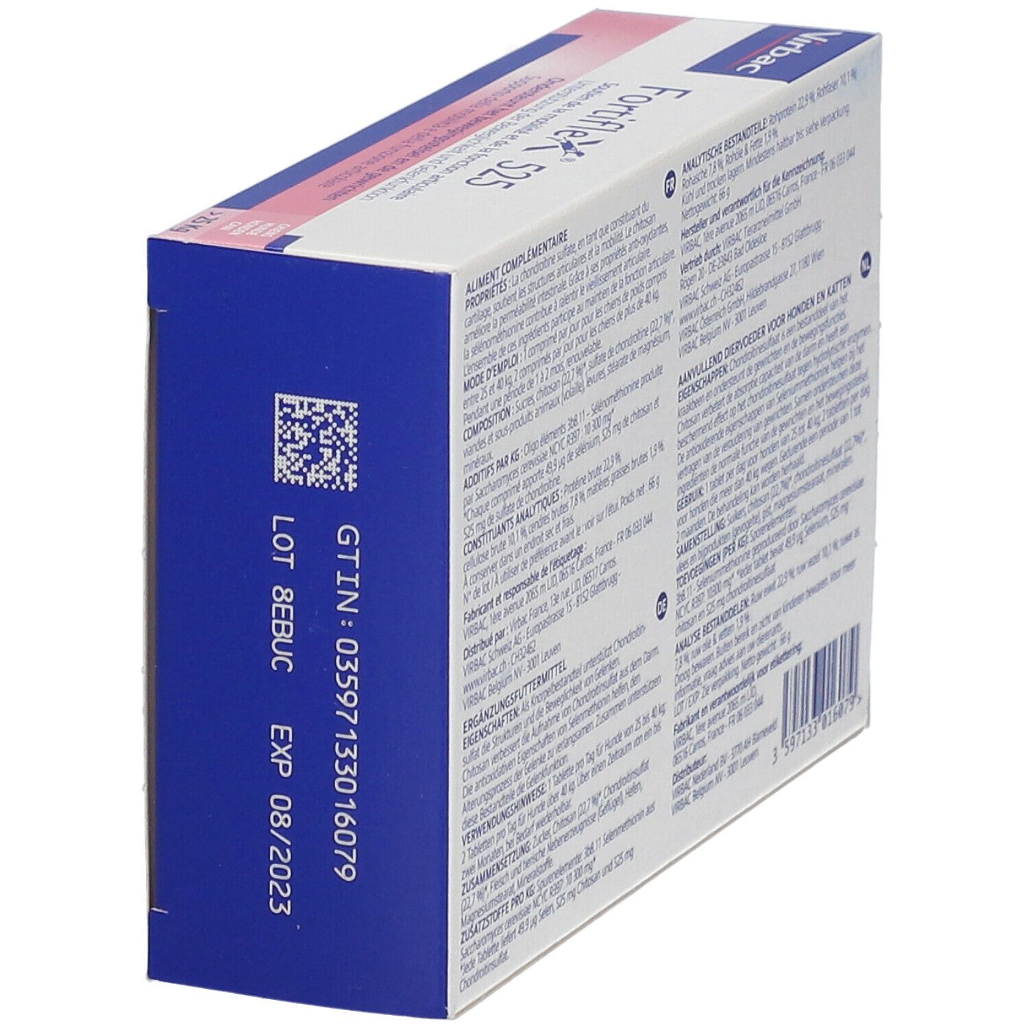 Detail der Verpackung von Virbac Fortiflex 525. Chargennummer und Verfallsdatum sind sichtbar.