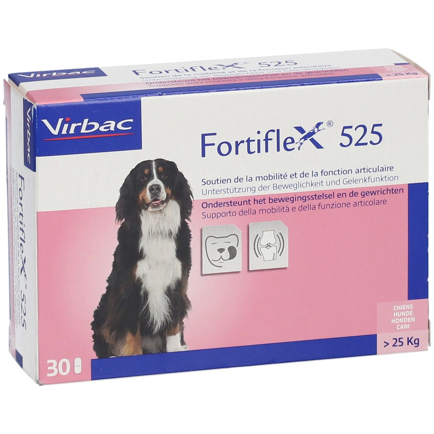 Virbac Fortiflex 525 Verpackung. Produktname und Logo. Für Hunde > 25 kg. 30 Tabletten.