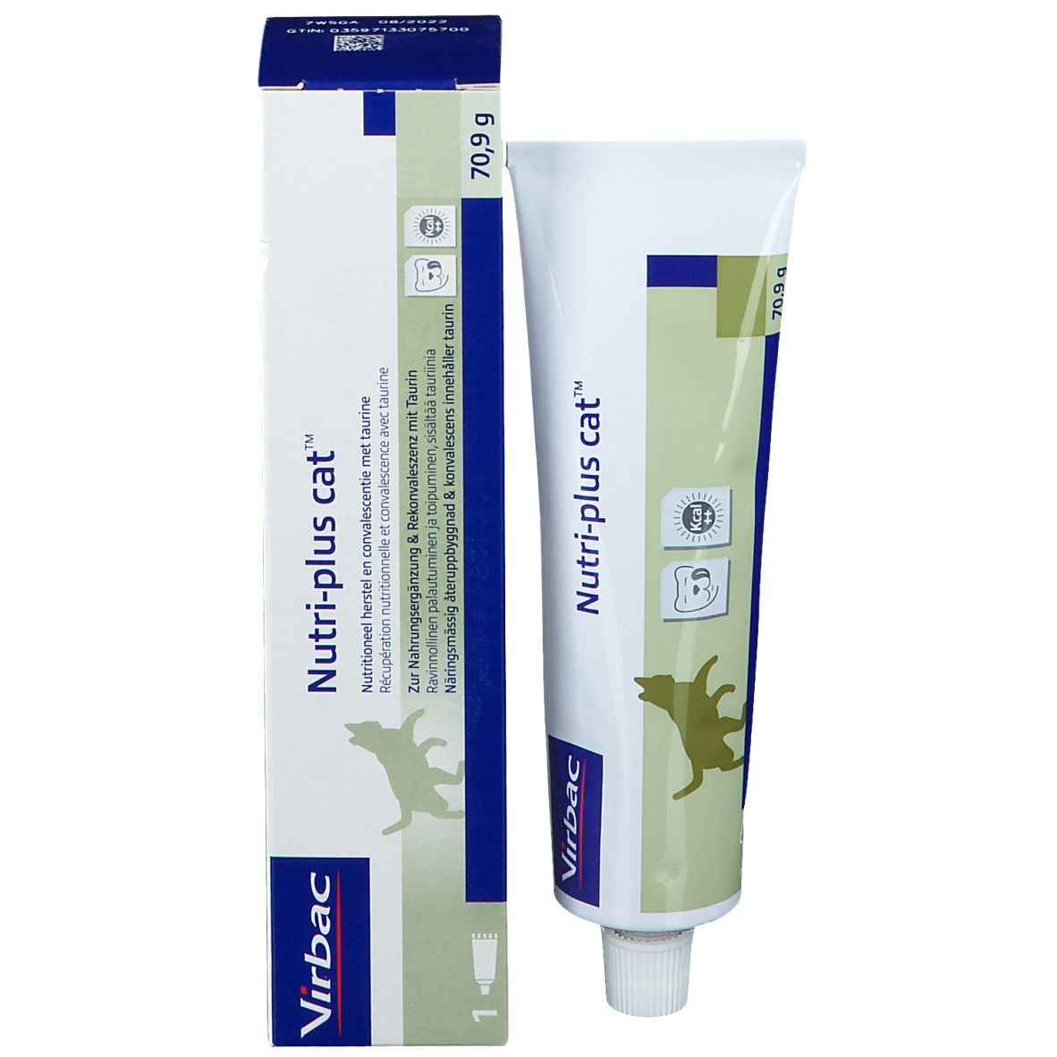 Tube et emballage Virbac Nutri-plus cat™. Blanc, bleu et vert. Symbole de chat. Inscription : Nutri-plus cat™.