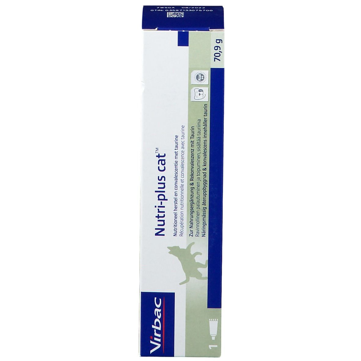Emballage Virbac Nutri-plus cat™. Blanc, bleu et vert. Symbole de chat. Inscription : Nutri-plus cat™.