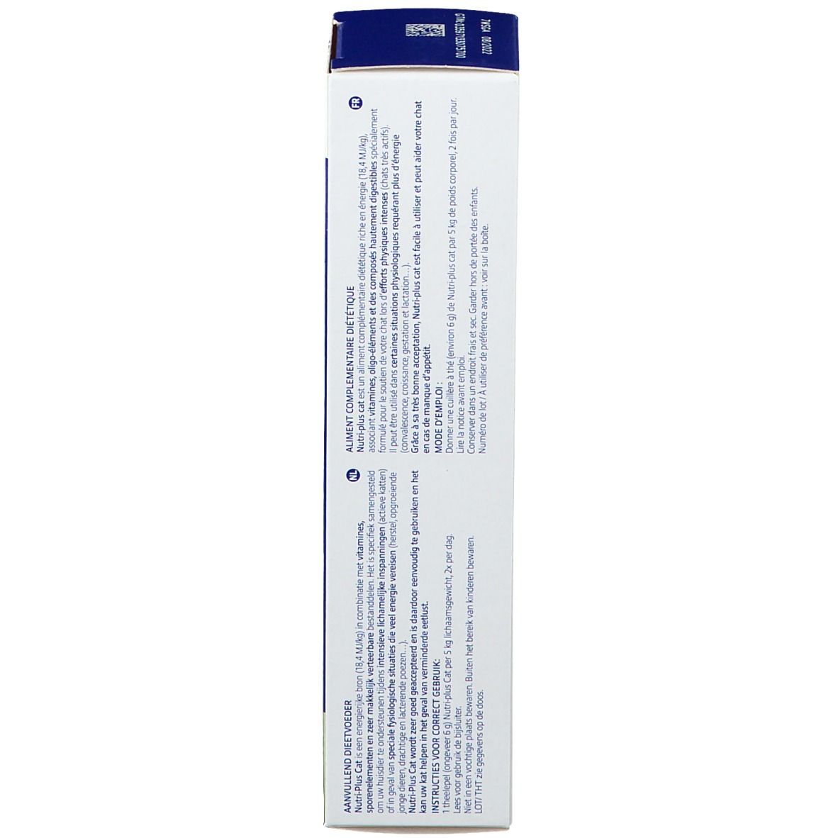 Emballage Virbac Nutri-plus cat™. Vue arrière avec texte multilingue.