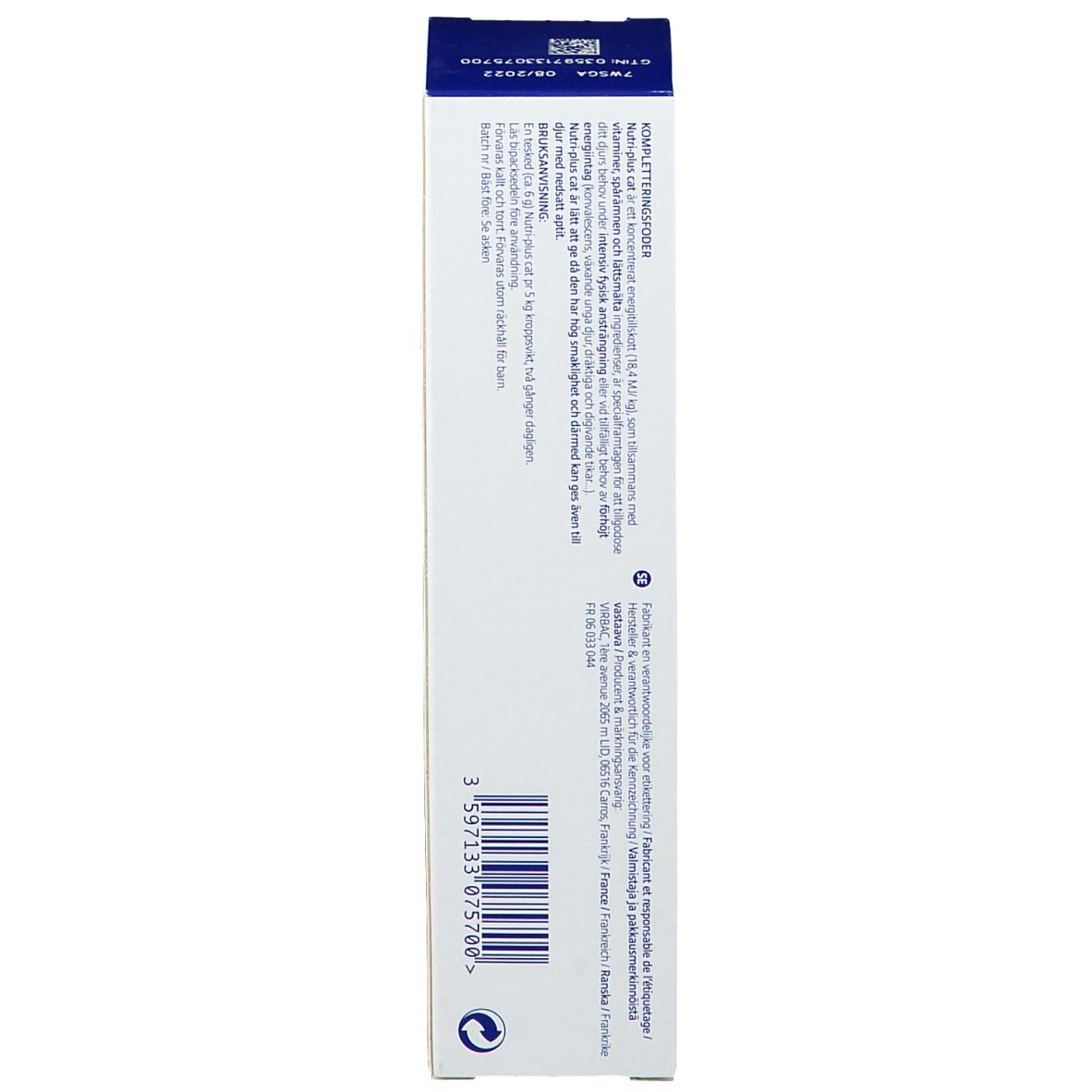 Emballage Virbac Nutri-plus cat™. Vue latérale avec texte et code-barres.