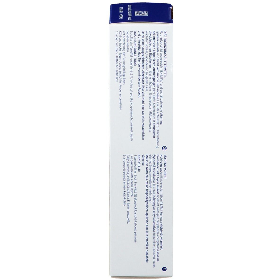 Emballage Virbac Nutri-plus cat™. Vue latérale avec texte.