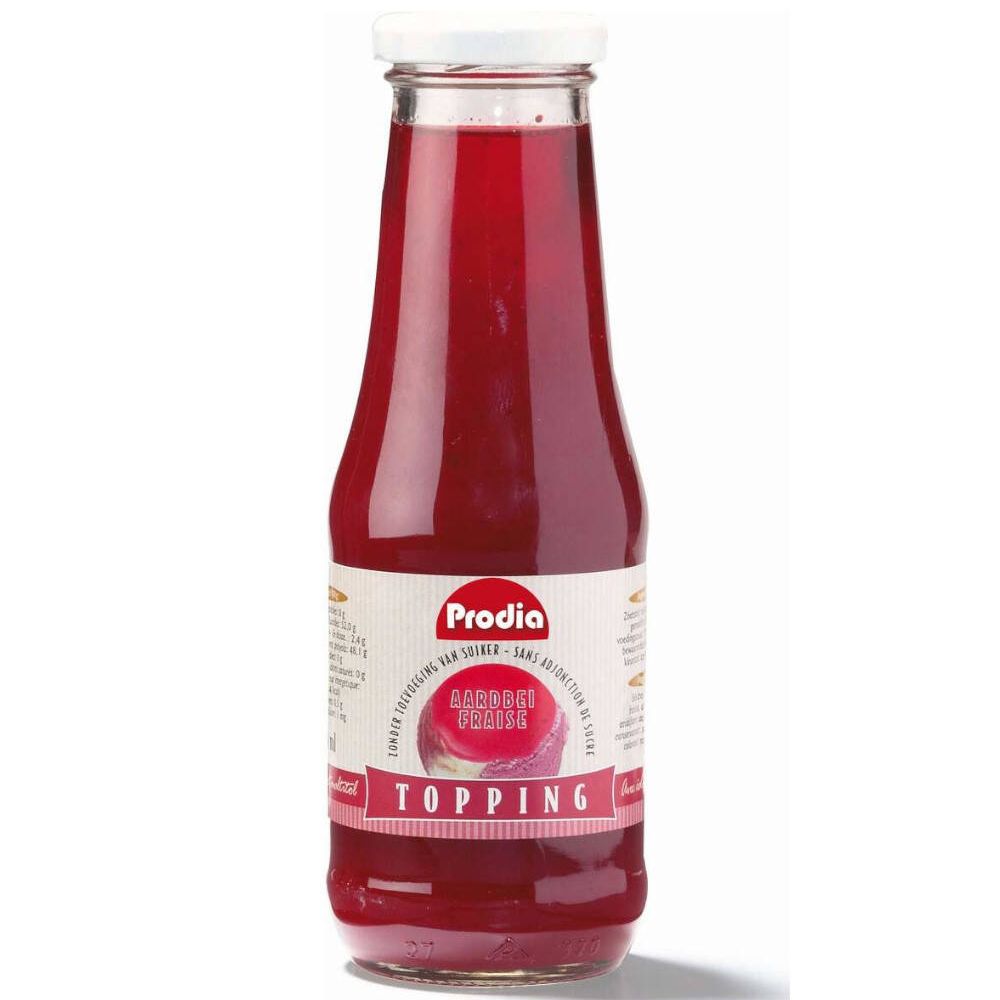 Bouteille en verre contenant un liquide rouge. Bouchon blanc. Étiquette avec "Prodia", "Topping Fraise" et autres textes.