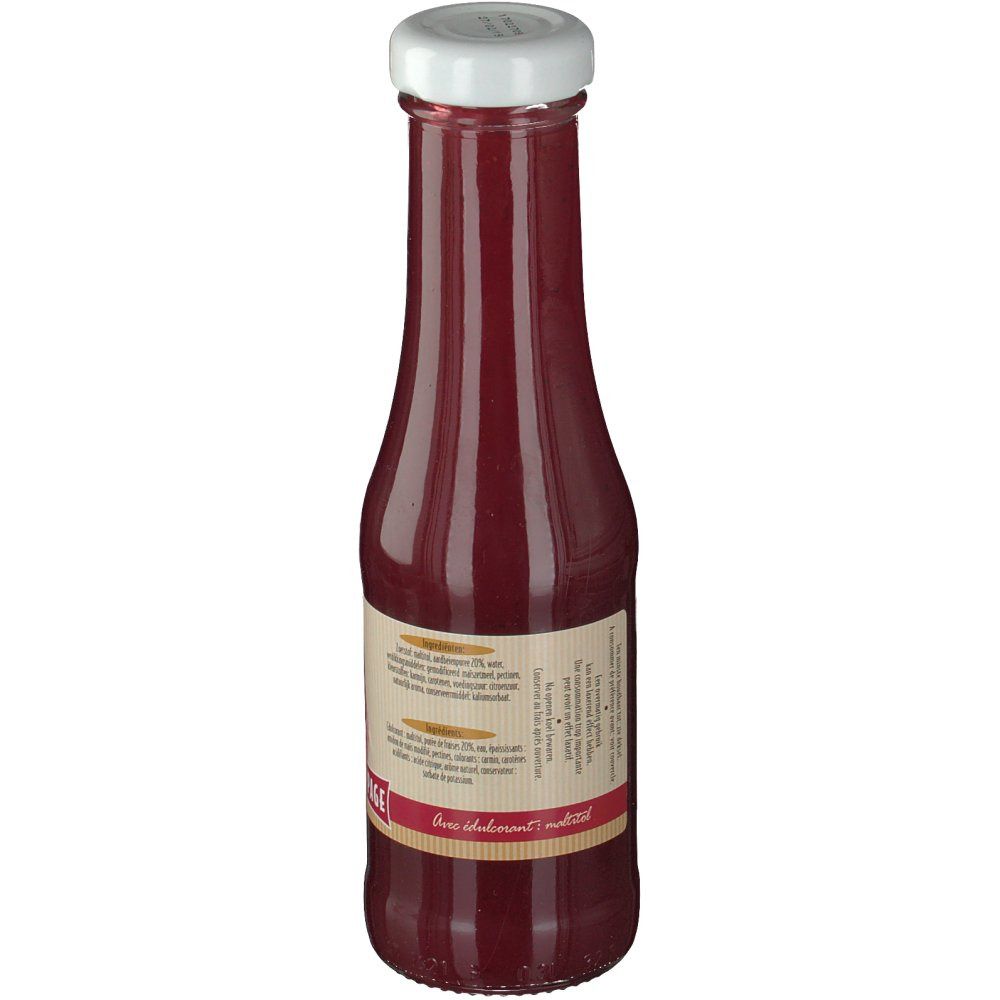 Vue arrière d'une bouteille en verre avec liquide rouge. Bouchon blanc. Étiquette avec textes.