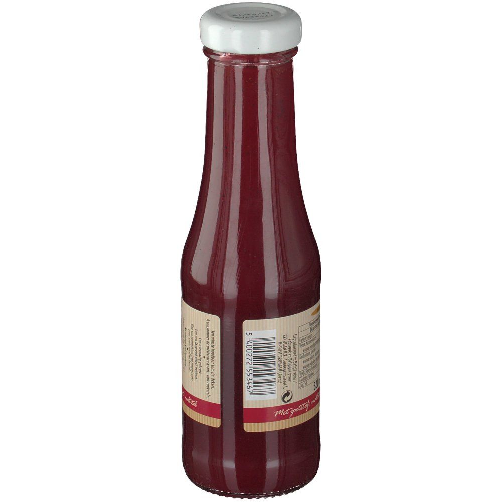 Vue arrière d'une bouteille en verre avec liquide rouge. Bouchon blanc. Étiquette avec textes et code-barres.