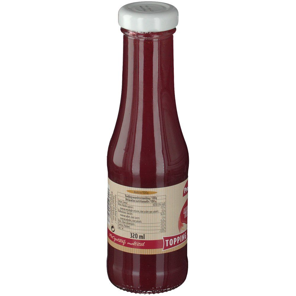 Bouteille en verre avec liquide rouge. Bouchon blanc. Étiquette avec textes, informations nutritionnelles et "320 ml".