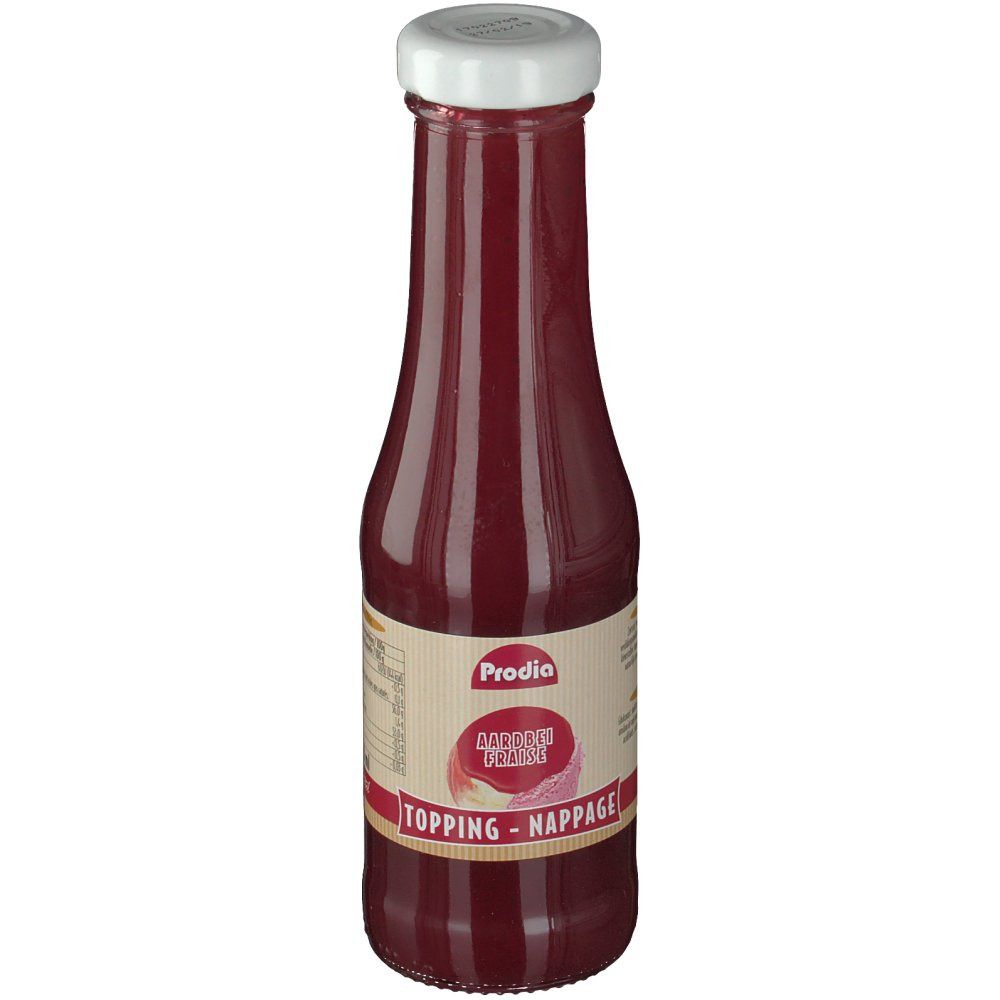 Bouteille en verre avec liquide rouge. Bouchon blanc. Étiquette avec "Prodia", "Topping Fraise - Nappage".