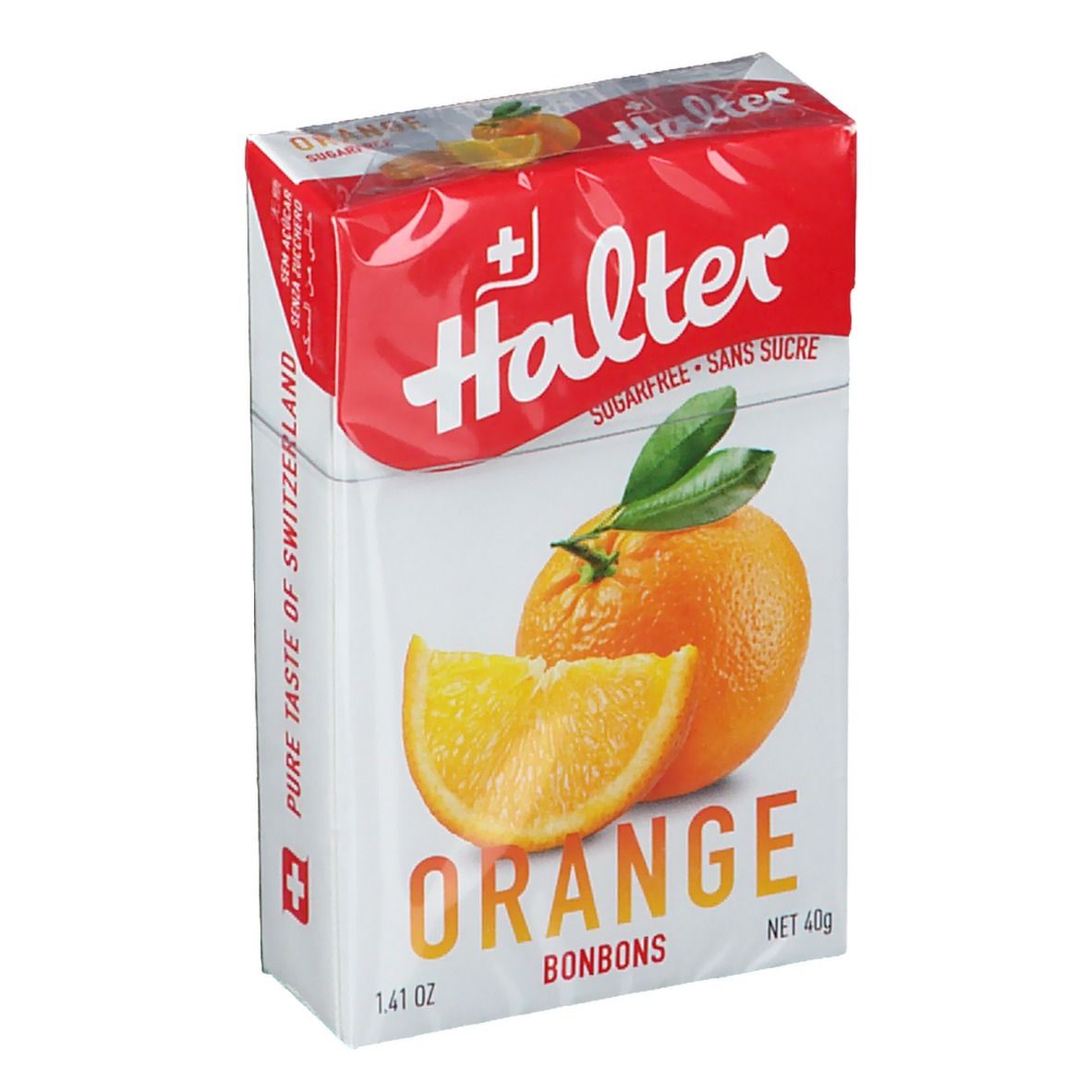 Verpakking Halter Orange bonbons. Afbeelding van een sinaasappel en een schijf. Opschrift: Orange Bonbons, suikervrij.